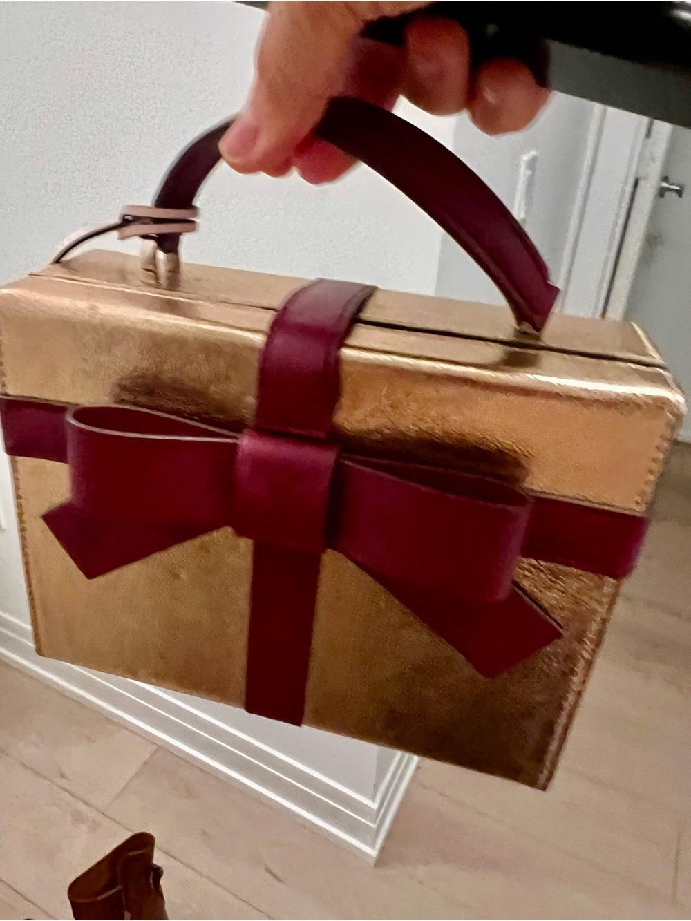 kate spade wrapping Gold Metallic Box Clutch with Burgundy Bow